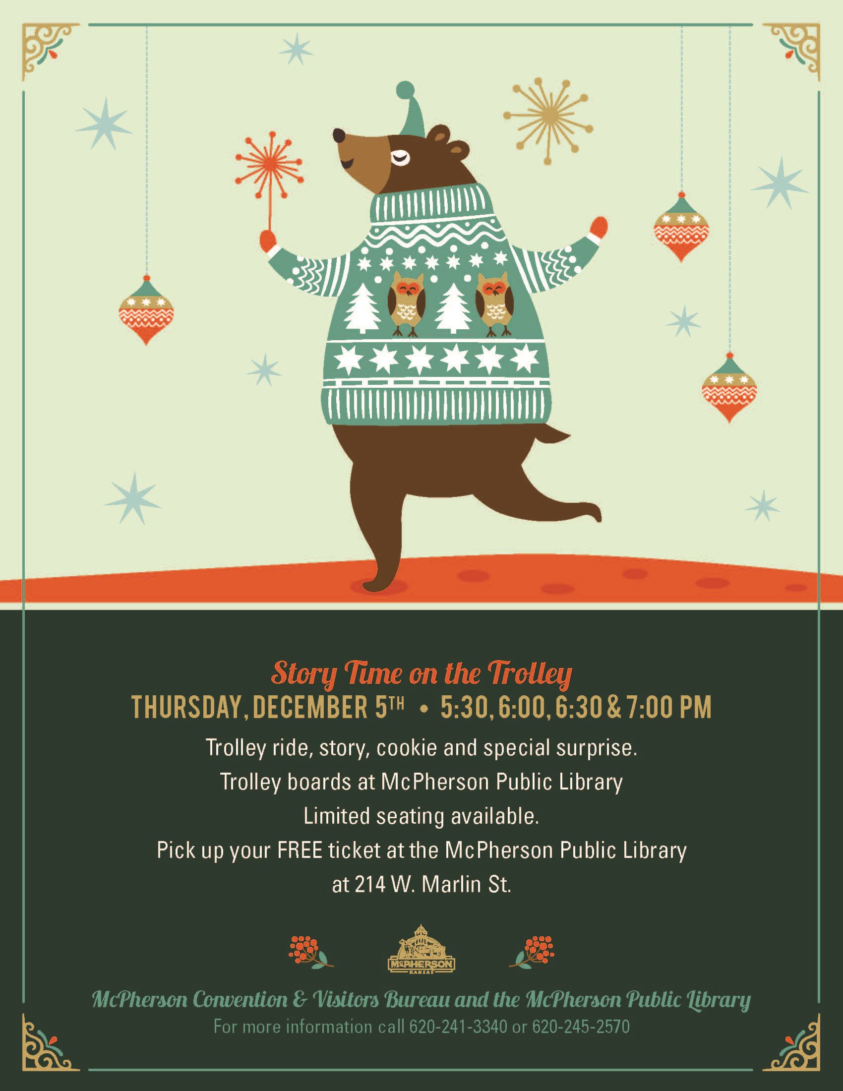 Poster using a cartoon bear to promote Story Time on the Trolley